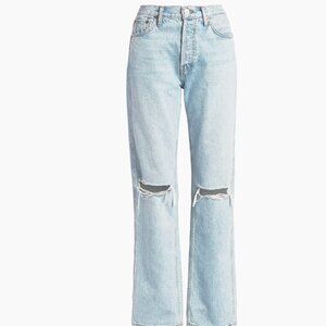 Re/Done Sky Blue-Bleach Destroy High-Rise Ripped Loose Cropped Jeans